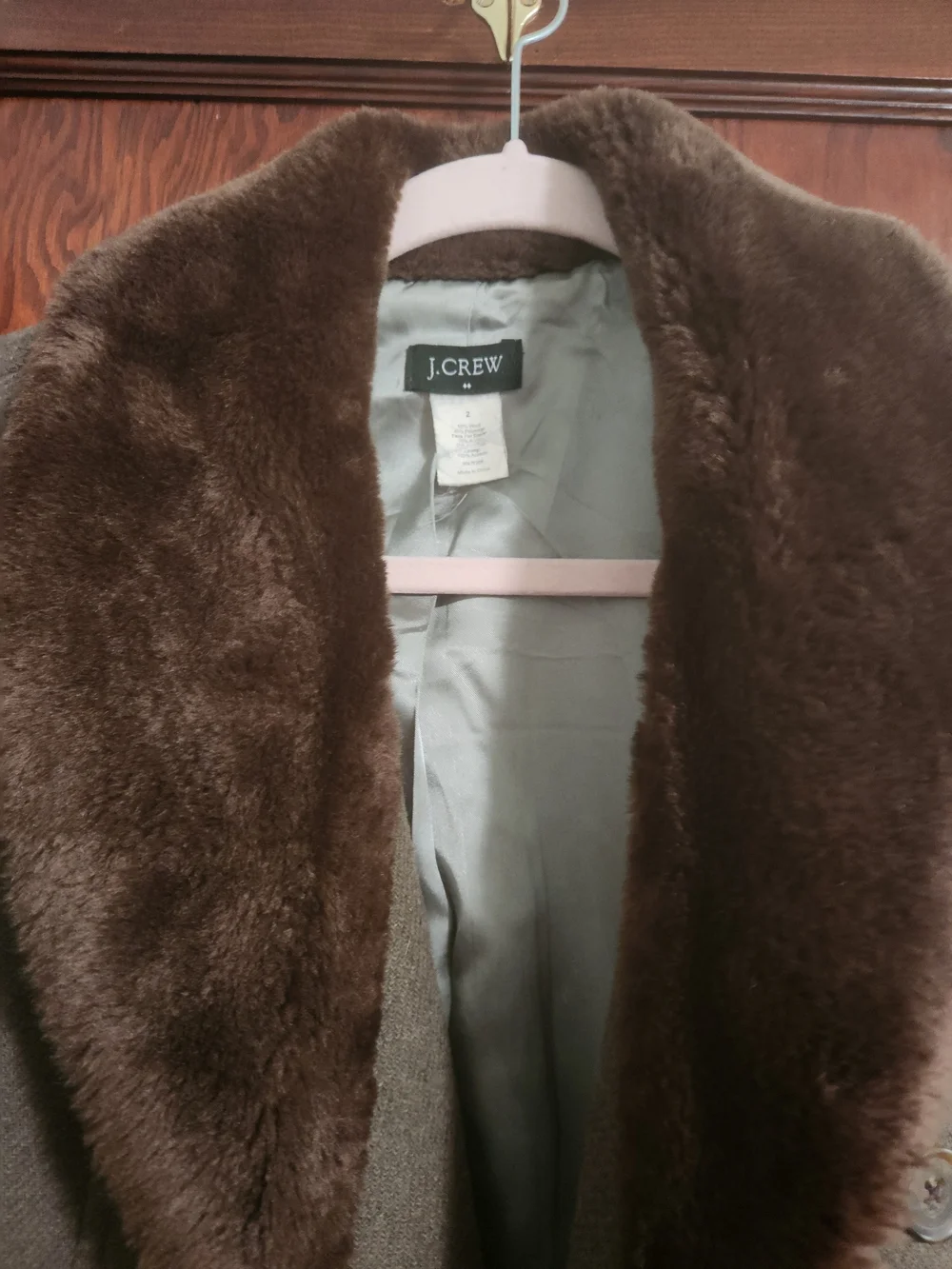 J. Crew Olive Wool-Blend Peacoat with Brown Faux Fur Collar - Picture 4 of 5